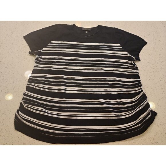 lane bryant 18 20 short sleeve Sweater Black White Stripes Slimming Ruching - Picture 1 of 7